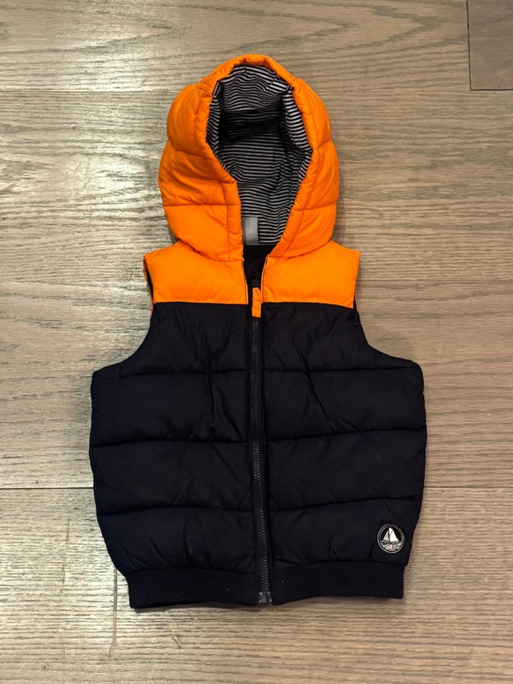 Petit Bateau Orange Hooded Puffer Vest with Navy Body